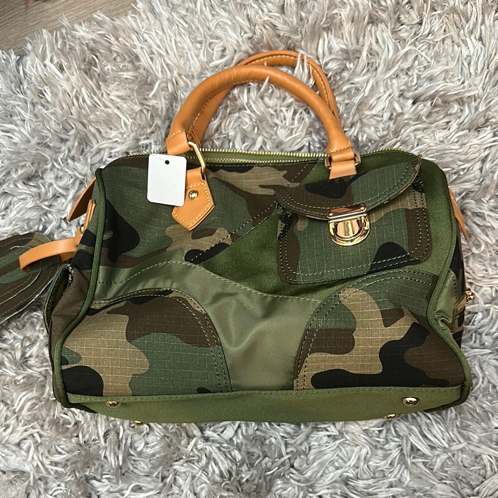 Fashion Nova Green and Tan Duffel Bag with Camouflage Design